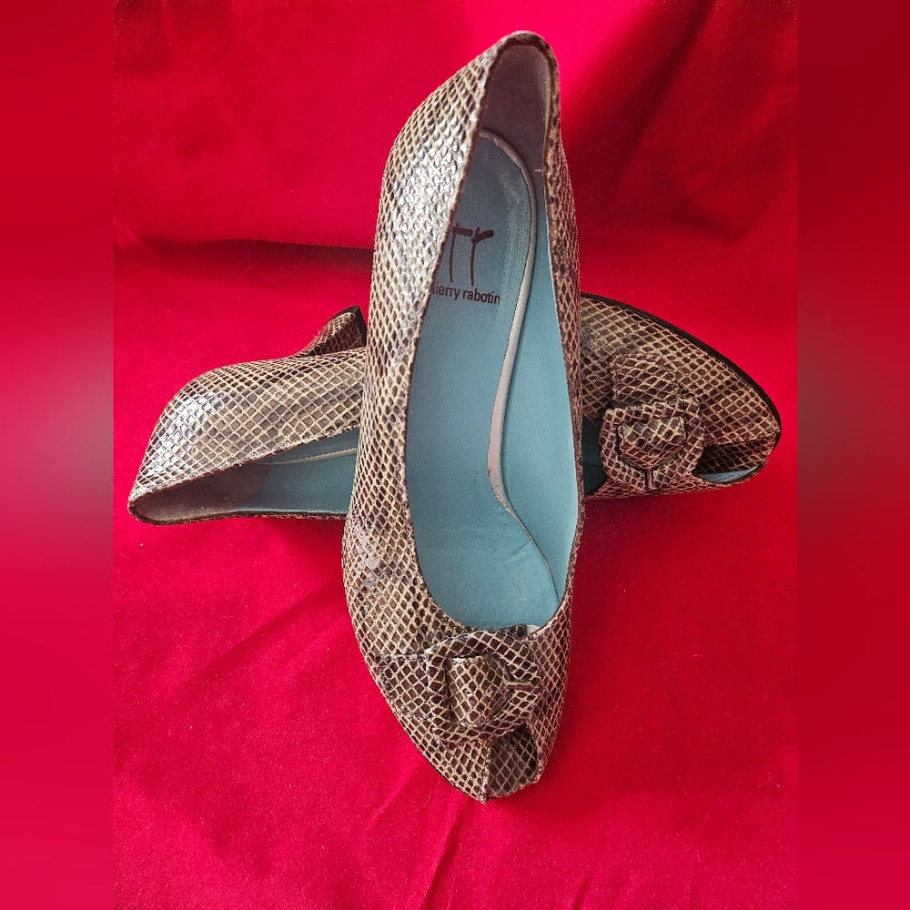 Thierry Rabotin Brown Snake Pattern Peeptoe Pumps